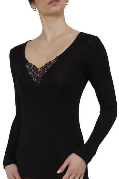 Baselayers Womens Pure Merino Wool Long Sleeve With Lace Black / M