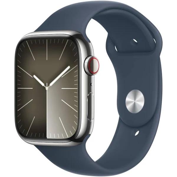 Apple Watch Series 9 (GPS + Cellular) 45mm Silver Stainless Steel Case with Storm Blue Sport Band - M/L