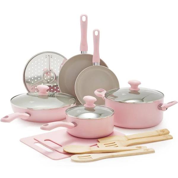 Greenlife Sandstone Healthy Ceramic Nonstick, 15 Piece Kitchen Cookware Pots and Frying Sauce Pans Set, Pfas- Free, Dishwasher Safe, Pink