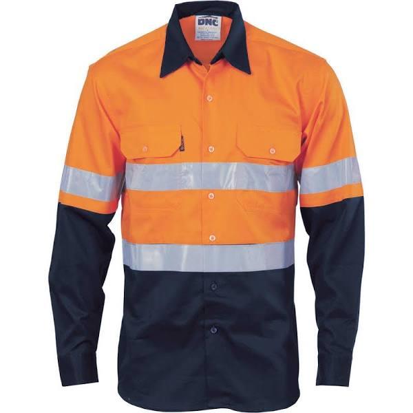 DNC HiVis Cool-Breeze Vertical Vented Cotton Shirt with Generic R/Tape - Long Sleeve - Orange/Navy - M