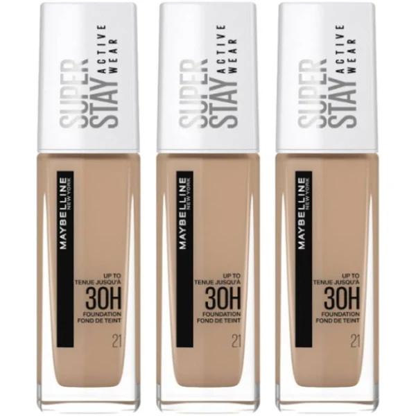 Maybelline Superstay Active Wear 30HR Longwear Foundation 30ml - 21 Nude Beige x 3