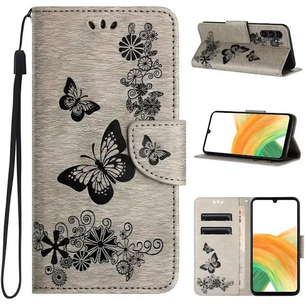 For Samsung Galaxy A35 5G Case Embossed Butterflies Wallet PU Leather, Grey