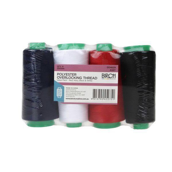 Birch 4 Pack Assorted Colour Overlocker Thread 2000m, 100% Polyester