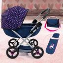 Bayer Cosy Doll Pram - Dark Blue With Pink Hearts