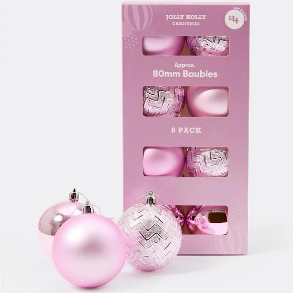 Jolly Holly Christmas Baubles Pink 8 Pack 80mm