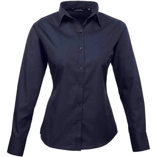 Premier Womens/Ladies Poplin Long Sleeve Blouse / Plain Work Shirt Navy 16