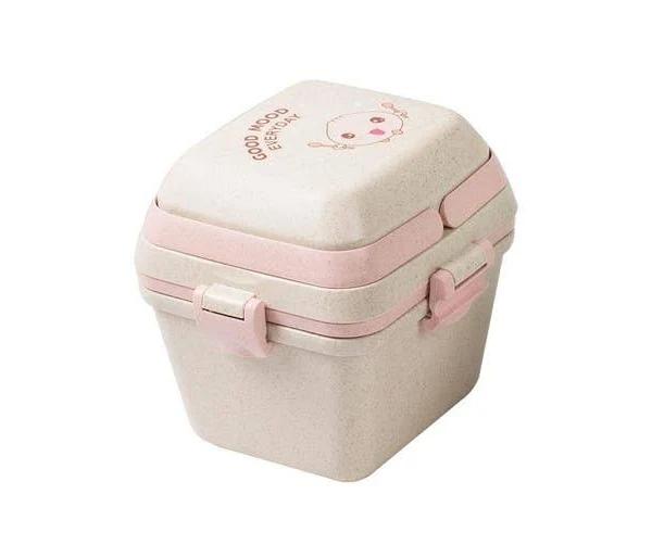 2 Pcs Wheat Straw Portable Three-layer Lunch Box Can Be Microwaved(Pink)