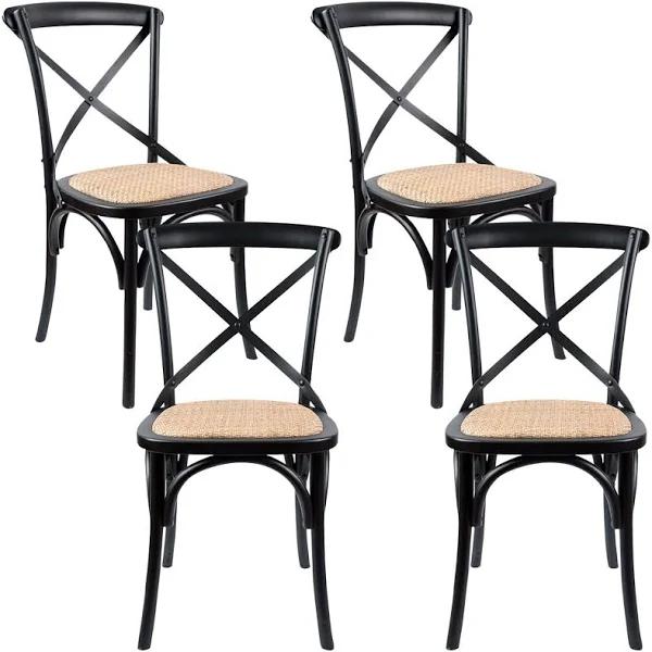 Aster Crossback Dining Chair Set of 4 Solid Birch Timber Wood Ratan Seat - Black