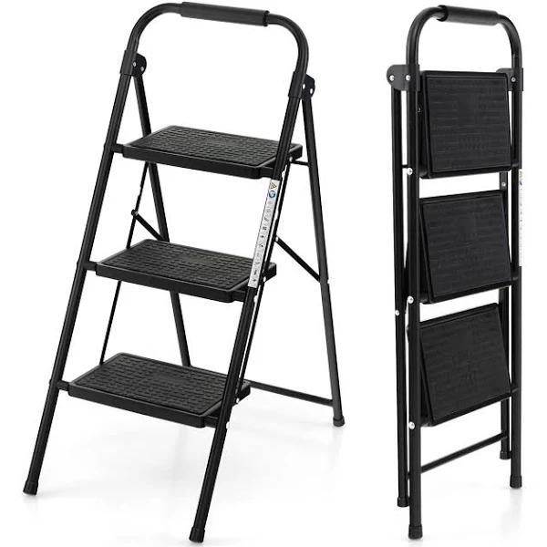 Costway 3-Step Folding Ladder Portable Stool Ladders Metal Heavy-Duty Stepladder 265kg Load Household w/Anti-Slip Pedal Handle Black