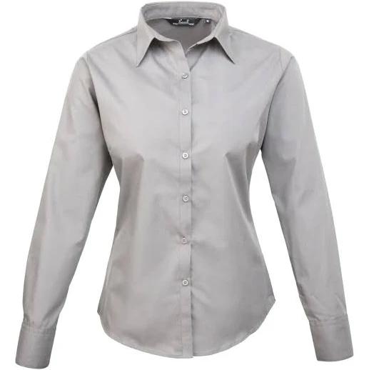 Premier Womens/Ladies Poplin Long Sleeve Blouse / Plain Work Shirt Silver Work Shirt