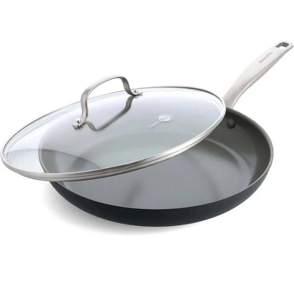 GreenPan Chatham Hard Anodized Healthy Ceramic Nonstick, 12" Frying Pan Skillet with Lid, PFAS-Free, Dishwasher Safe, Oven Safe, Gray