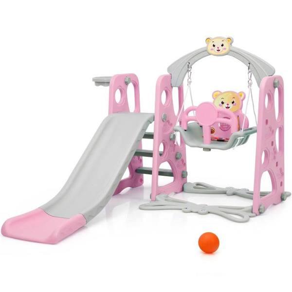 Costway 4-in-1 Kids Climb Swing Slide Set Basketball Hoop Indoor Outdoor Toddler Activity Center Play Equipment Pink