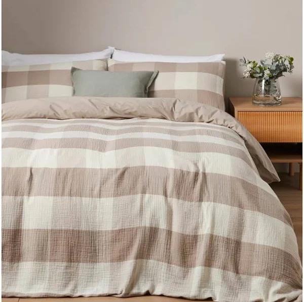 Target Caine Check Quilt Cover Set | Neutral | Size Queen Bed | Cotton