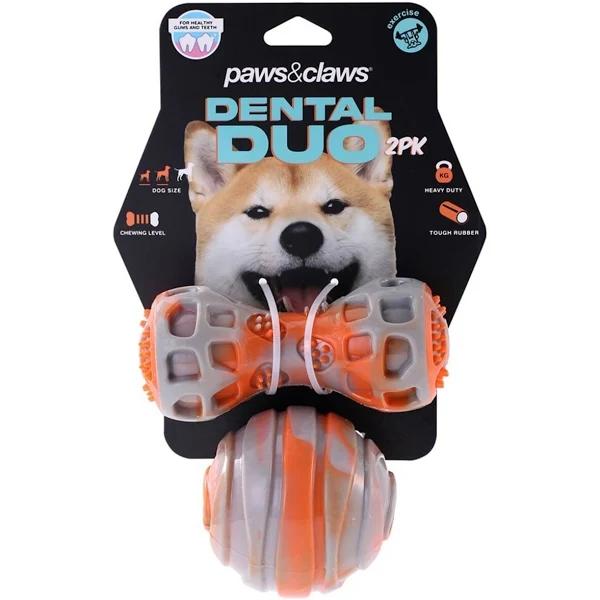 Paws and Claws Dental Duo Pet Dog TPR Ball & Baton Orange 4pc