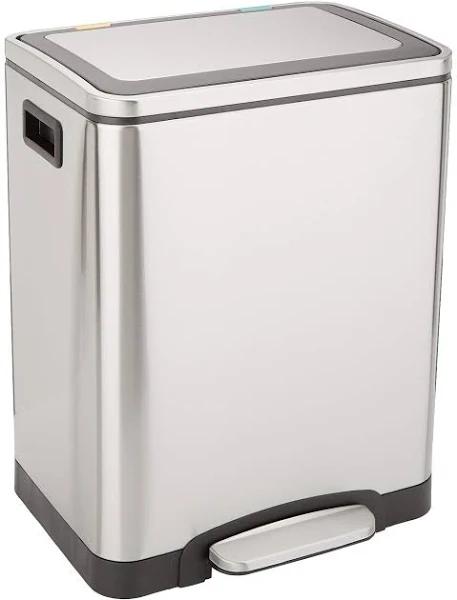 Amazon Basics 30L Dual Bin Soft-Close Trash Can with Foot Pedal - 2 x 15 Liter Bins, Stainless Steel