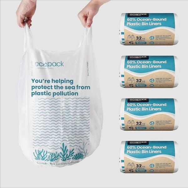 Ecopack Garbage Bags,128 Bags (4 x 32) - 60% Ocean Bound Recycled Plastic Garbage Bags with Tie-Handles For Easy Disposal - 18L Small - Strong,