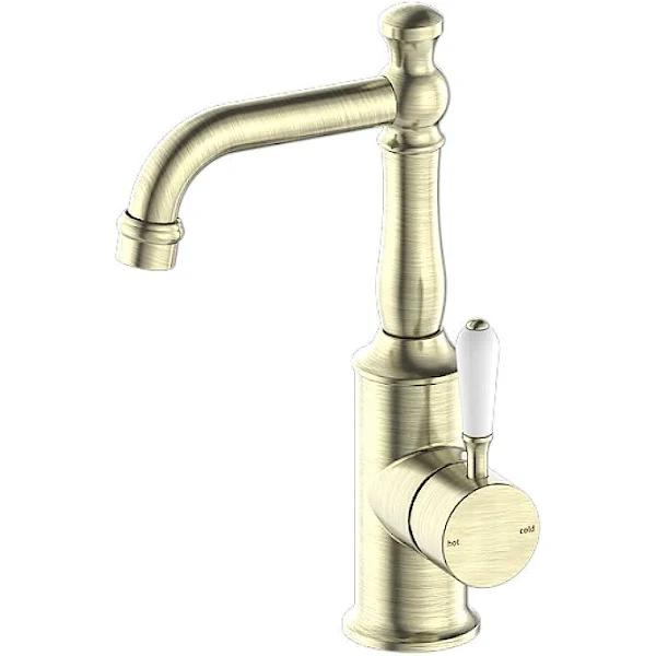 Nero York Basin Mixer With White Porcelain Lever Aged Brass Aged Brass