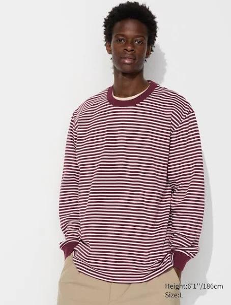 Uniqlo Airism Cotton Striped T-Shirt Long Sleeve - Wine Size S