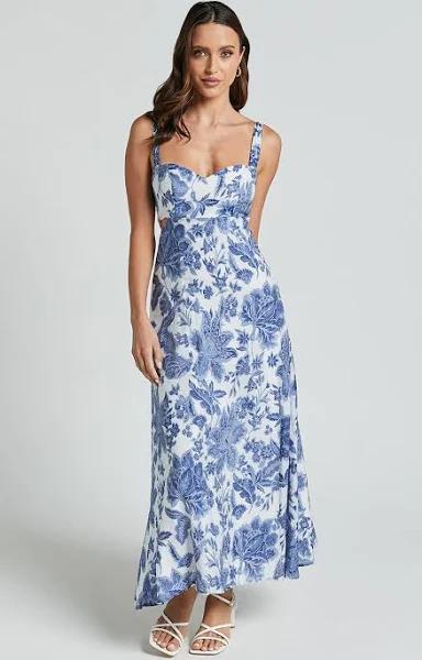 Jackleyn Midi Dress - Sweetheart A Line Dress in Blue Floral