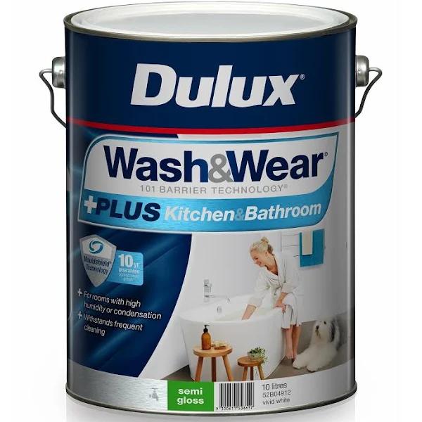 Dulux Wash&Wear +Plus Kitchen & Bathroom Semi Gloss Vivid White 10L