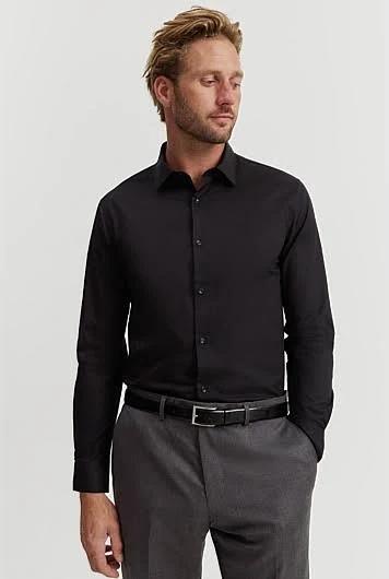 Country Road Men's Tailored Fit Poplin Stretch Shirt Black in Size 2XL