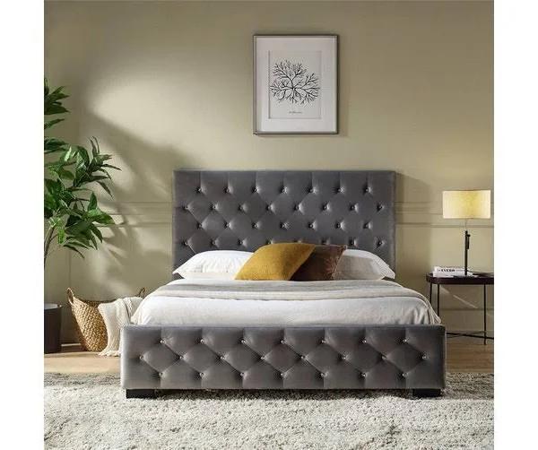 Dallas Velvet Bed With Tufted Diamond Grey