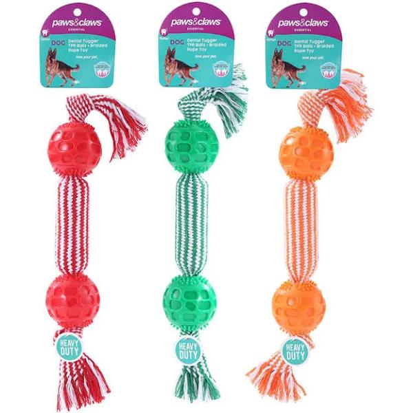 Paws and Claws Dental Tugger Dog/Pet Toy TPR Balls + Braided Rope Assorted 38cm