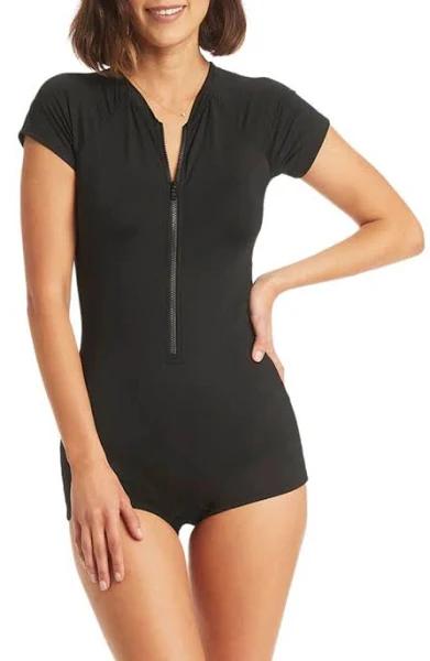 Sea Level Short Sleeve Zip One-piece Swimsuit Black