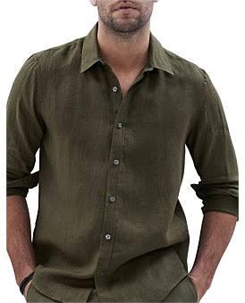 David Jones Unison Linen L/S Regular Fit Shirt in Khaki, Size XL