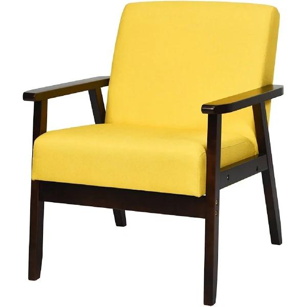 Costway Wood Armchair Fabric Upholstered Sofa Yellow