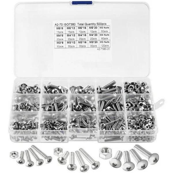 M3 M4 M5 500pcs Stainless Steel Hex Socket Button Head Bolts Screws Nuts Kit