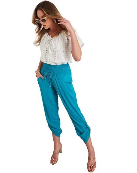 Rockmans Ankle Length Shirring Waist W Pull Up Leg Pants - Size 10 - Womens - Teal