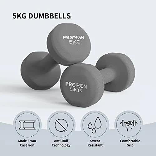 PROIRON Neoprene Dumbbell Weights Pair for Women 1kg 1.5kg 2kg 3kg 4kg 5kg 6kg 8kg 10kg, Arm Hand Exercise Weights (Gray-2 x 5kg)