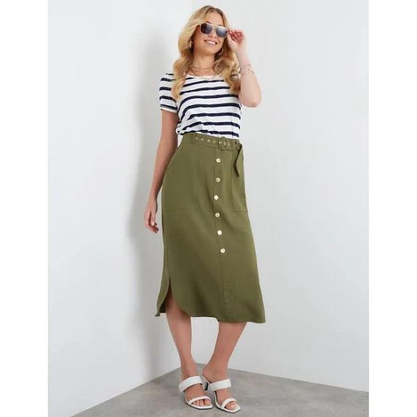 Womens Rockmans Midi Length Button Curved Hem Belted Skirt | Clothing Midi Skirts