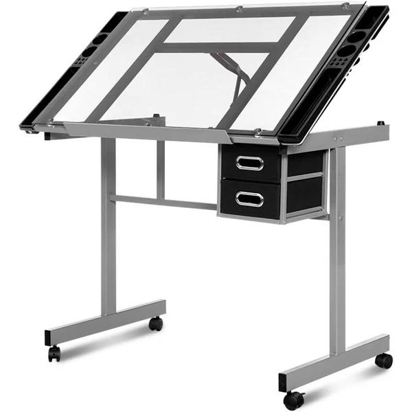 Artiss Drawing Desk Drafting Table Craft Adjustable Glass Art Tilt Drawers Grey