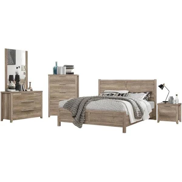 5 Pieces Bedroom Suite Natural Wood Like MDF Structure Queen Size Oak Colour Bed, Bedside Table, Tallboy & Dresser