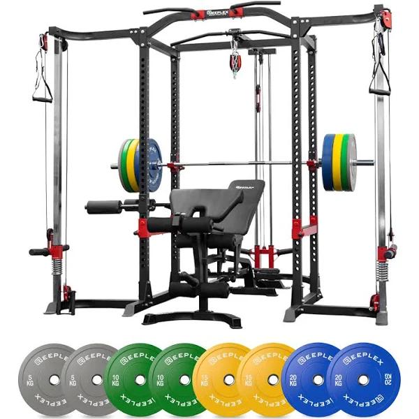 Reeplex Power Rack with Cable Crossover and Lat Pulldown + Bench + 120kg Coloured Bumper Set