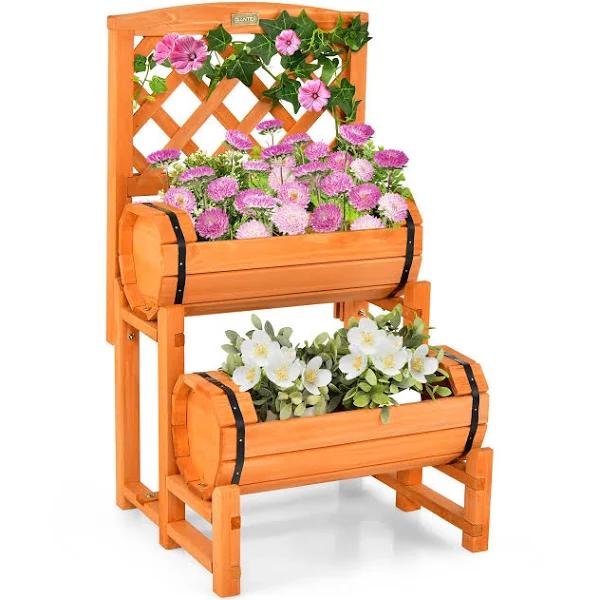 Giantex 2-Tier Wooden Raised Planter Garden Bed Container w/2 Cylindrical Planter Boxes& Trellis