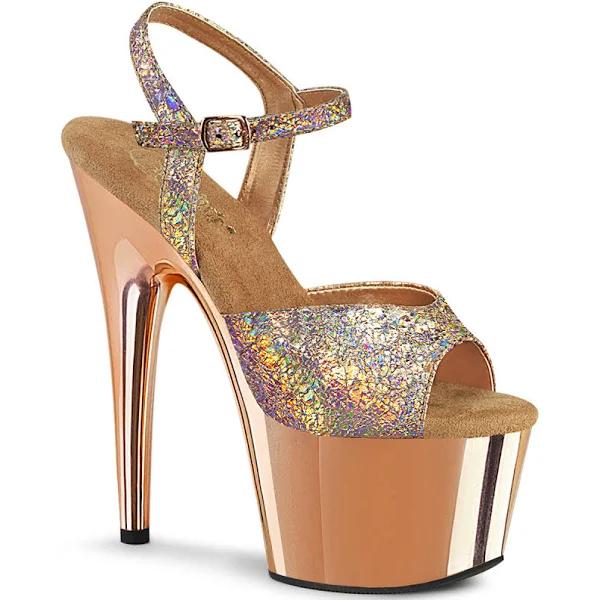 Pleaser ADORE-709HM Rose Gold Holo Metallic Pu/Rose Gold Chrome Size 7