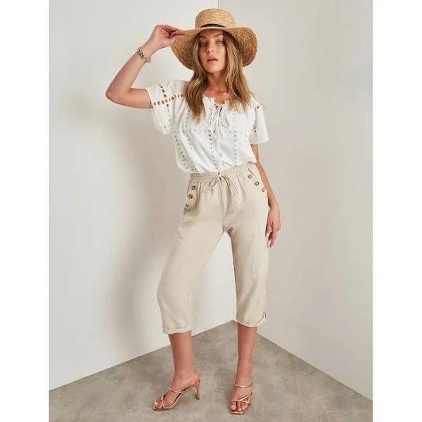 Rockmans Crop Linen Button Pants - Size 14 - Womens - Stone