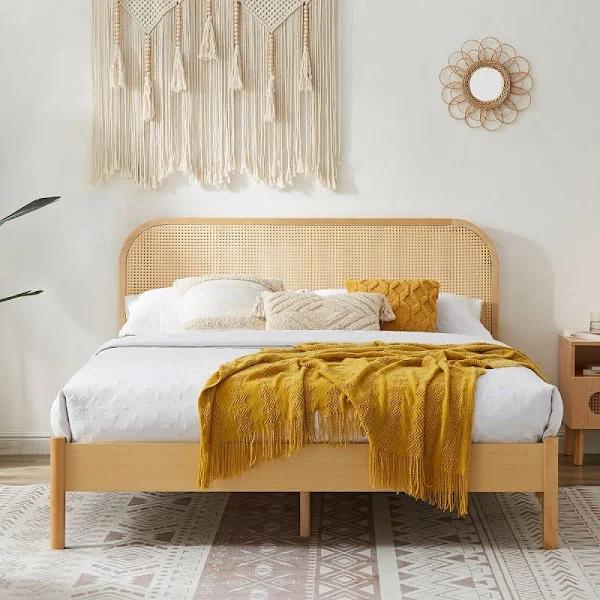 Lulu Bed Frame With Curved Rattan Bedhead - Double