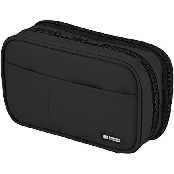 Lihit Lab. Double Zipper Pen Case, 7.9 x 2.8 x 4.7 Inches, Jet Black (A7555-124)