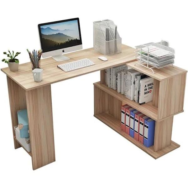 L Shaped Computer Desk with Storage Shelves Reversible Corner Wooden Desk Study Writing Table with Bookshelf Home Office Desk 1.2m