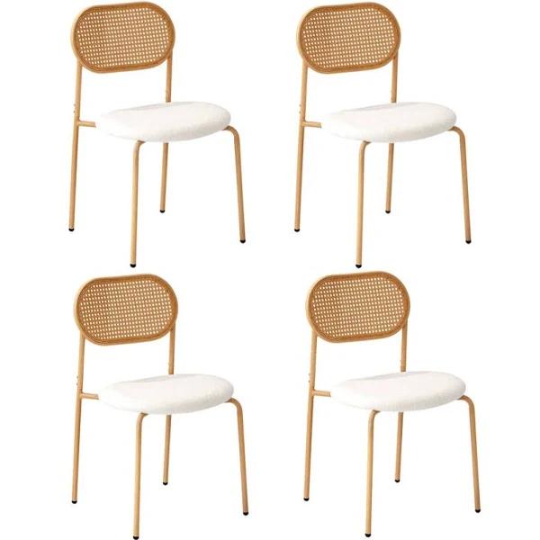 Oikiture 4pcs Dining Chair Accent Chairs Rattan Furniture Sherpa White