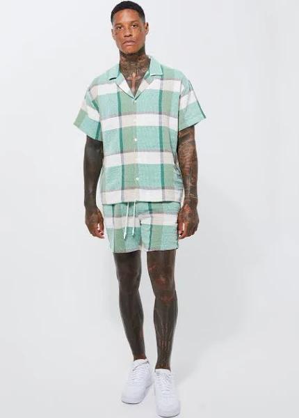 Short Sleeve Boxy Check Linen Look Shirt & Short Set