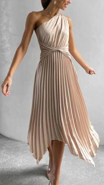 Cali One Shoulder Midi Dress - Champagne - Buy Women's Dresses - Billy J XL / Champagne