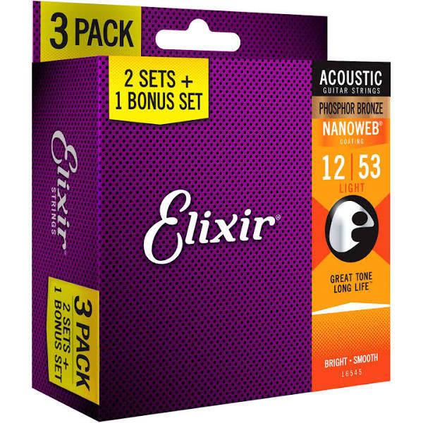 Elixir Acoustic Phosphor Bronze Nanoweb - 12-53 Light -3 Pack