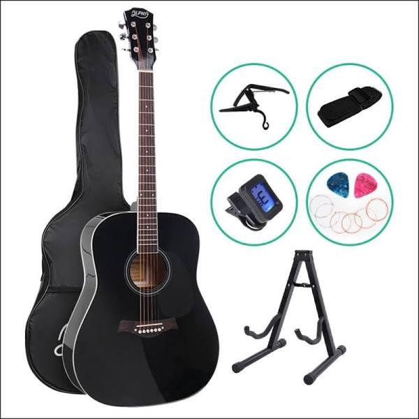 Alpha 41 Inch Wooden Acoustic Guitar with Accessories Set - Black