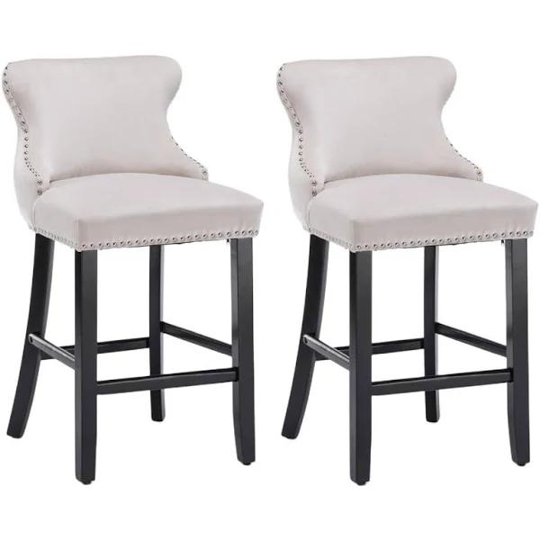 2x Velvet Upholstered Button Tufted Bar Stools with Wood Legs and Studs - Beige