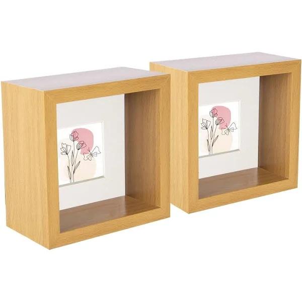 Nicola Spring 3D Deep Box Photo Frames - 4 x 4" With 2 x 2" Mount - Light Wood/Ivory - Pack of 5 - AfterPay & zipPay Available